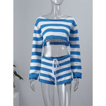 Knit Stripe Crop Top Shorts Sets Women Casual Long Sleeve
